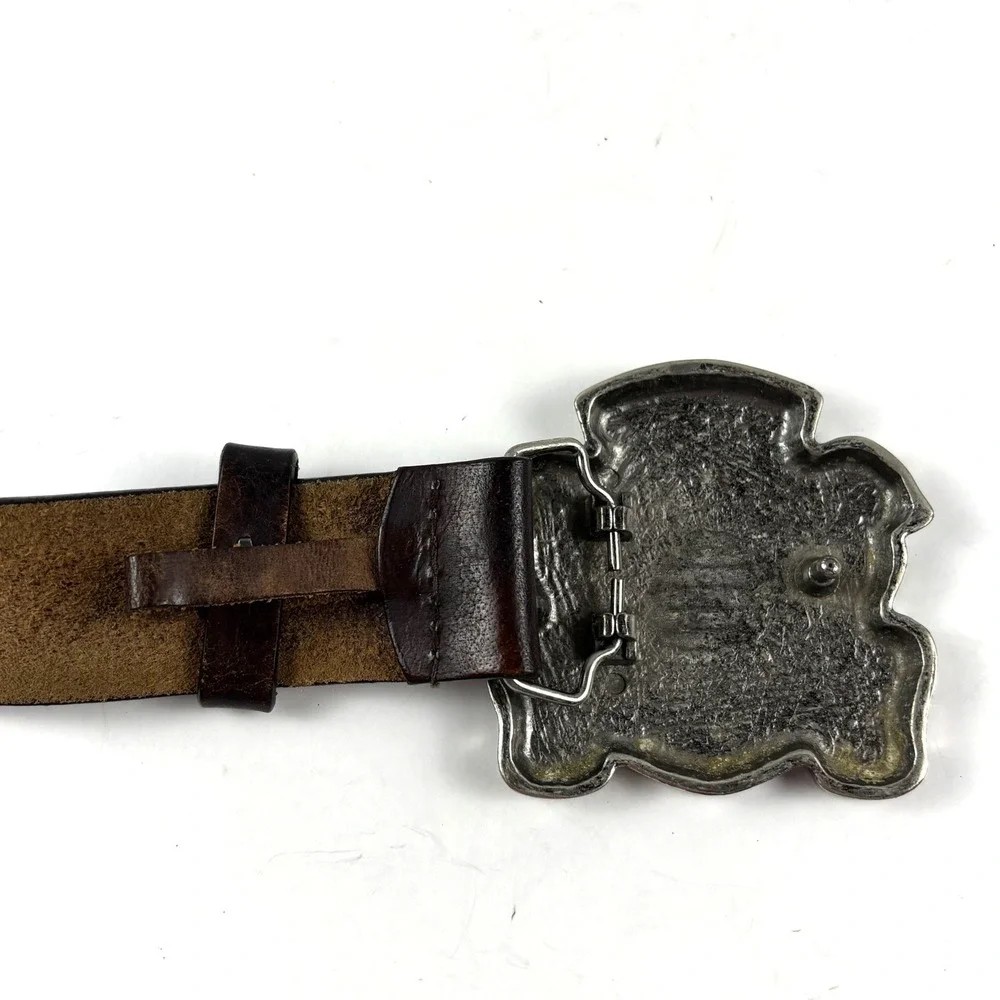Vintage Horse Crest Large Buckle Belt Mens 32 Brown Leather Silver Tone Heraldic